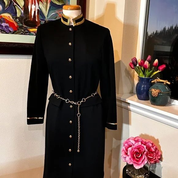 Black and Gold " Military Look" 80s Coat Dress by Leslie Fay Petites - Sz 8 - Picture 2 of 14